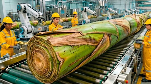 收获后剩余的数吨香蕉树干被转化为服装和纸张的原材料,而机械提 收获后剩余的数吨香蕉树干被转化为服装和纸张的原材料,而机械提